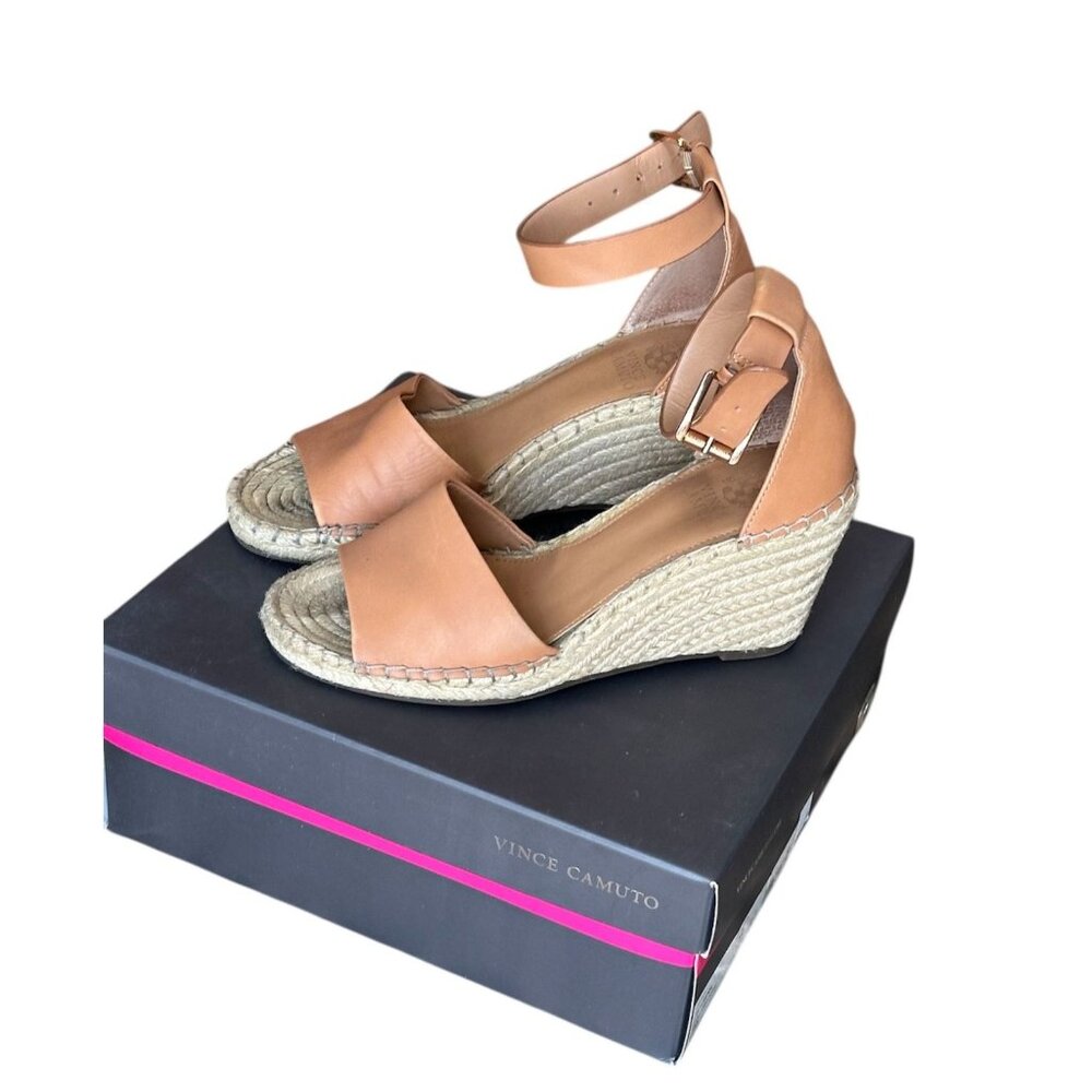 Vince Camuto Leera Espadrille Wedge Sandals Tan Leather Ankle Strap Size 8